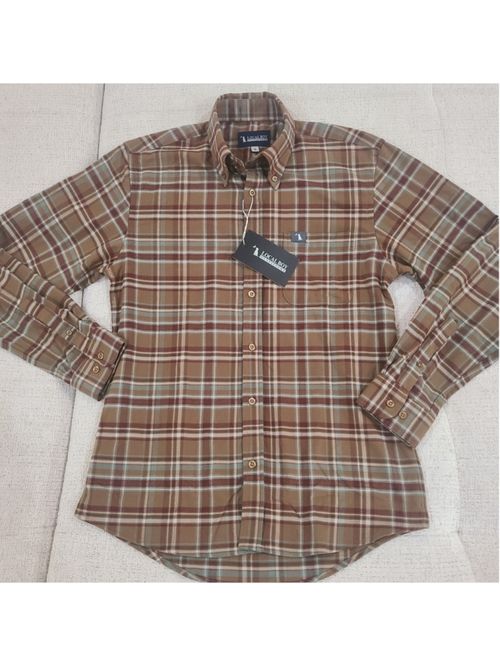 NEW Local Boy Outfitters Stretch Flannel Button Down Shirt Mens Small Brown Plai